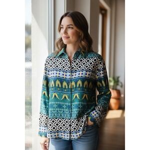 Philosophy Republic Clothing Teal Geometric Print Button Down Size Small